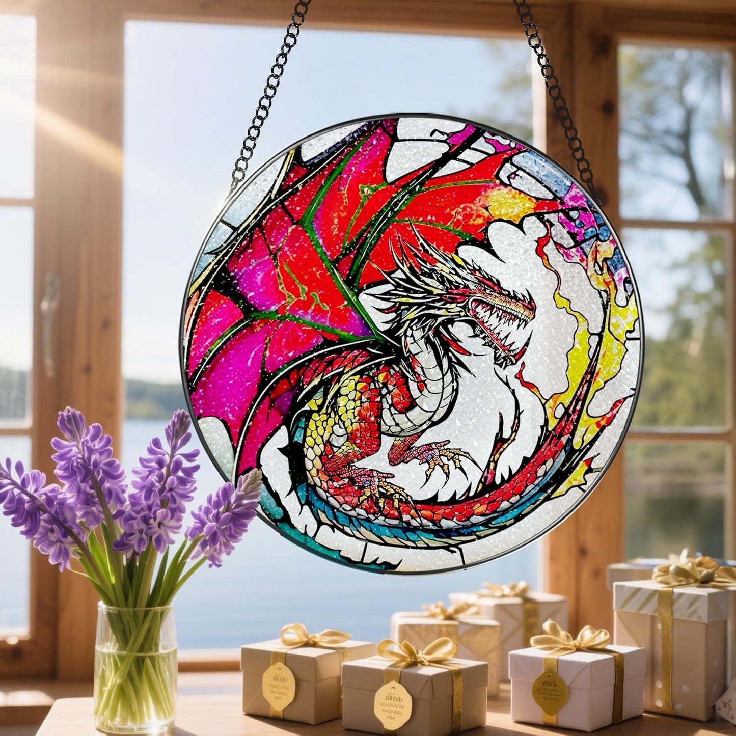 Stained Glass Window Hanging, Stained Glass Suncatcher, Dragon Sun Catcher, Window Hanging Decor, Dragon Gift, Gifts for Fathers Day, Christmas or Birthday Gift, Gifts for Him Dad Grandfather Son