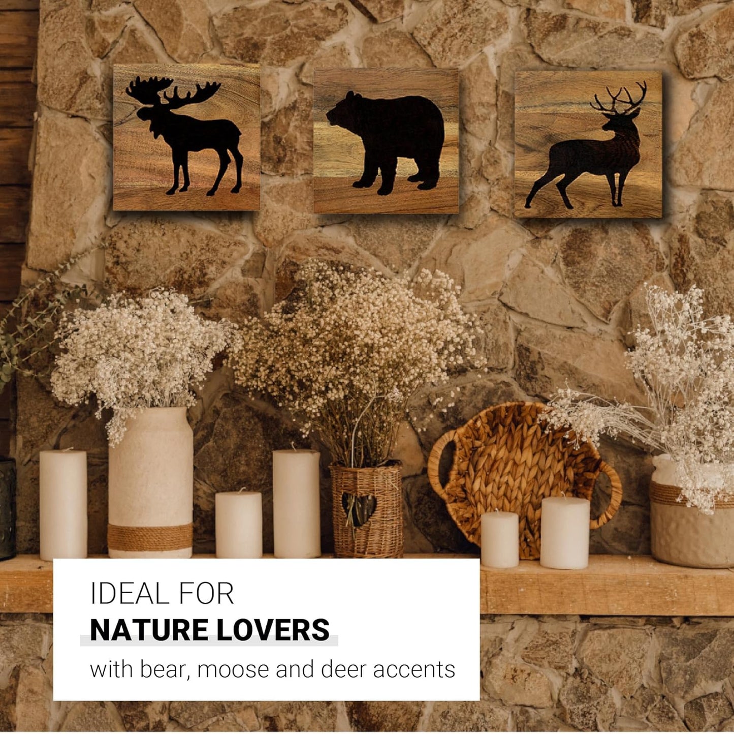 HomeRustique Real Wooden Cabin Decor with Bear, Deer and Moose (Set of 3) - Woodland Rustic Cabin Wall Decor & Art for Home, Living Room, Hunting Theme, Mountain Lodge or Bathroom