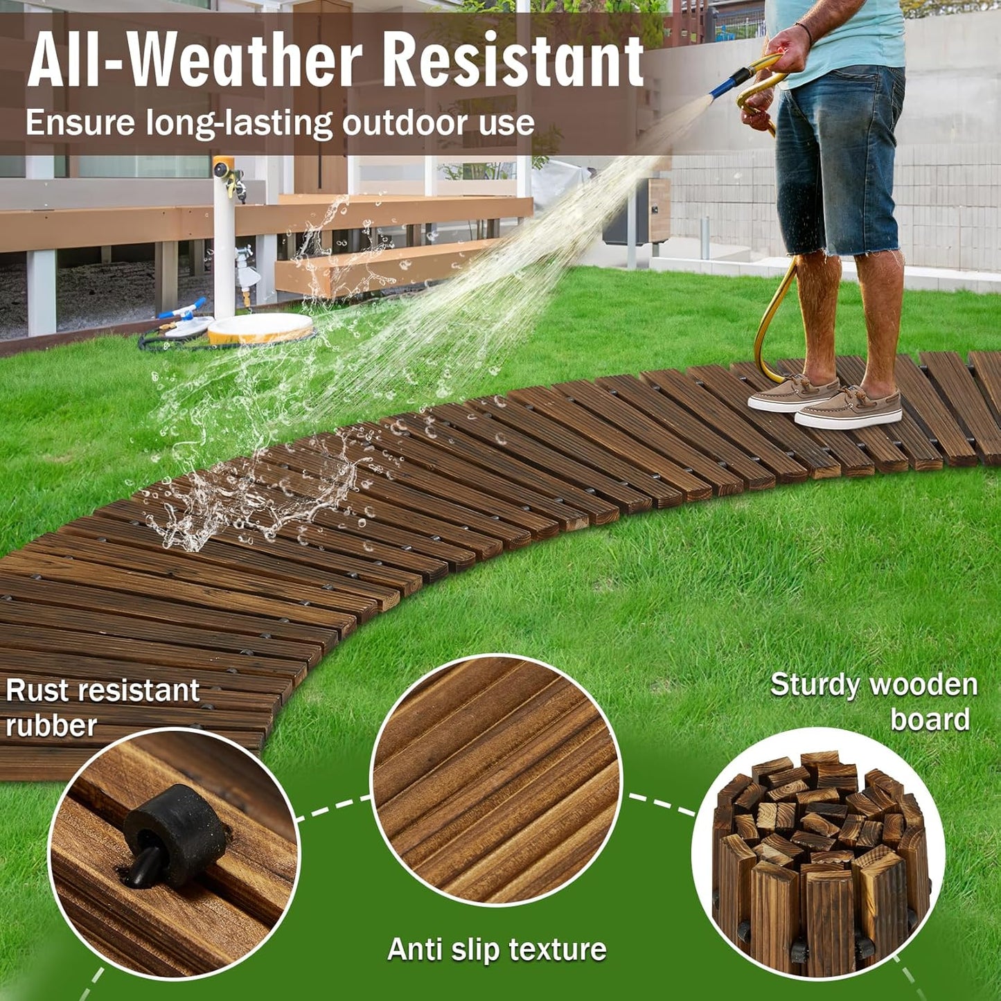 6FT Wooden Garden Pathway,Outdoor Roll Out Decorative Curved Walkway,Weather-Resistant Patio Path,Non-Slip Pavers Boardwalk for Garden, Backyard, Beach, Wedding Party Pathways