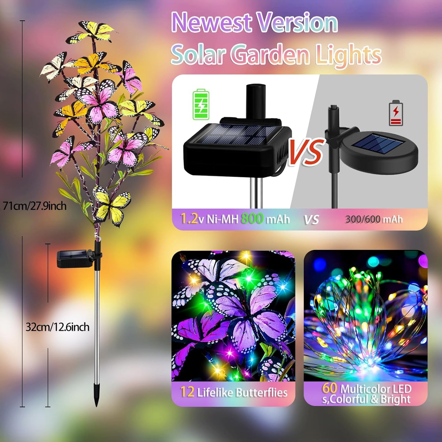 Solar Garden Lights Outdoor, Waterproof 2 Pack Solar Butterfly Lights with 60 LED 12 Butterfly Colorful Lighting for Garden Yard Lawn Outdoor Decor, Gift for Mom Women Mother's Day
