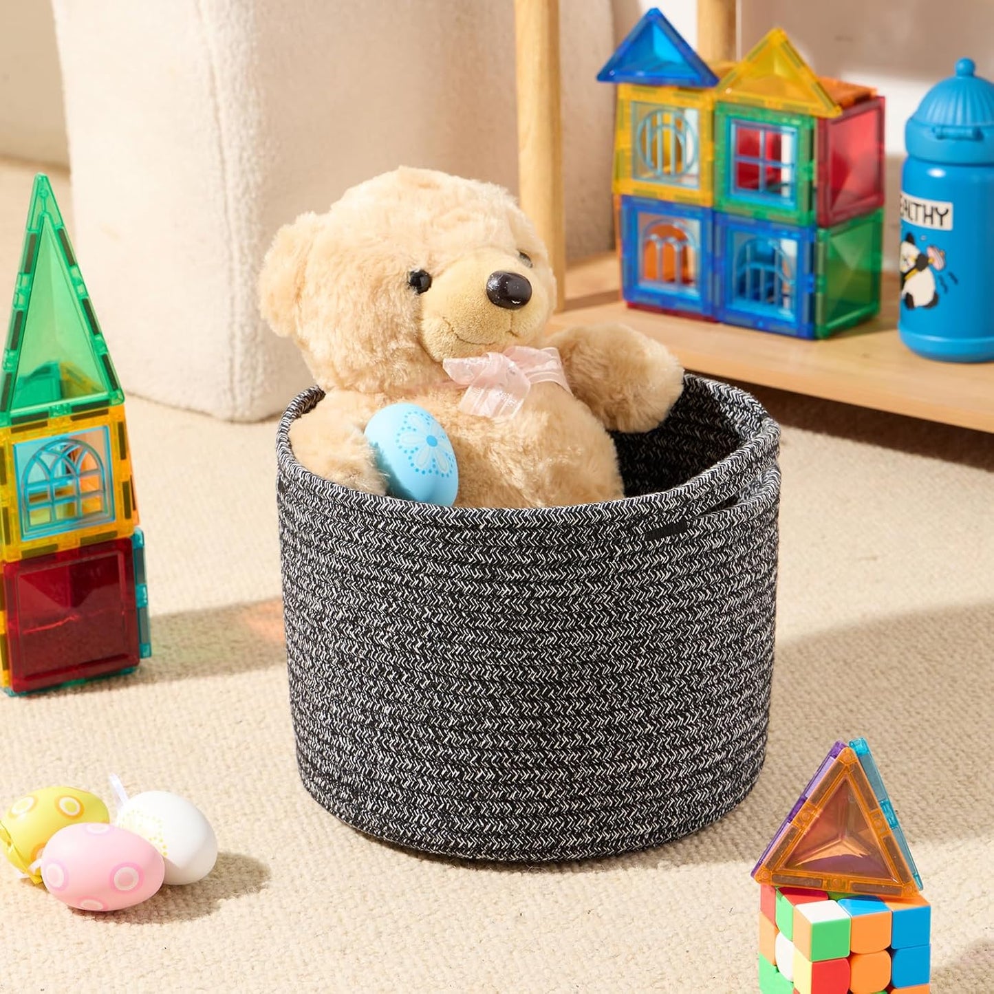 Small Basket for Organizing | Cube Shelf Closet Storage Baskets | 9.7×9.7×7.1” | Woven Rope Gift Basket | Nursery | Round 3 Packs Dark Gray