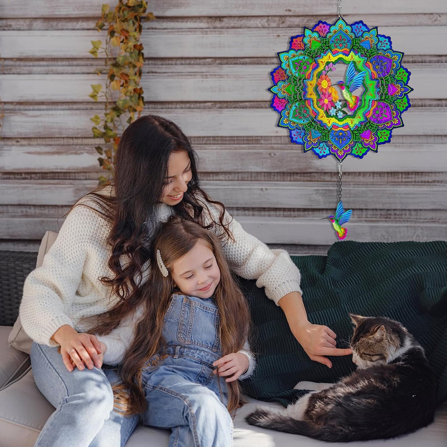 Hummingbird Wind Spinners, 12In Hanging Wind Spinner for Women Mom Grandma, 3D Stainless Steel Laser Cut Wind Sculptures Catcher for Window Outdoor Garden Yard Decor(Colorful)