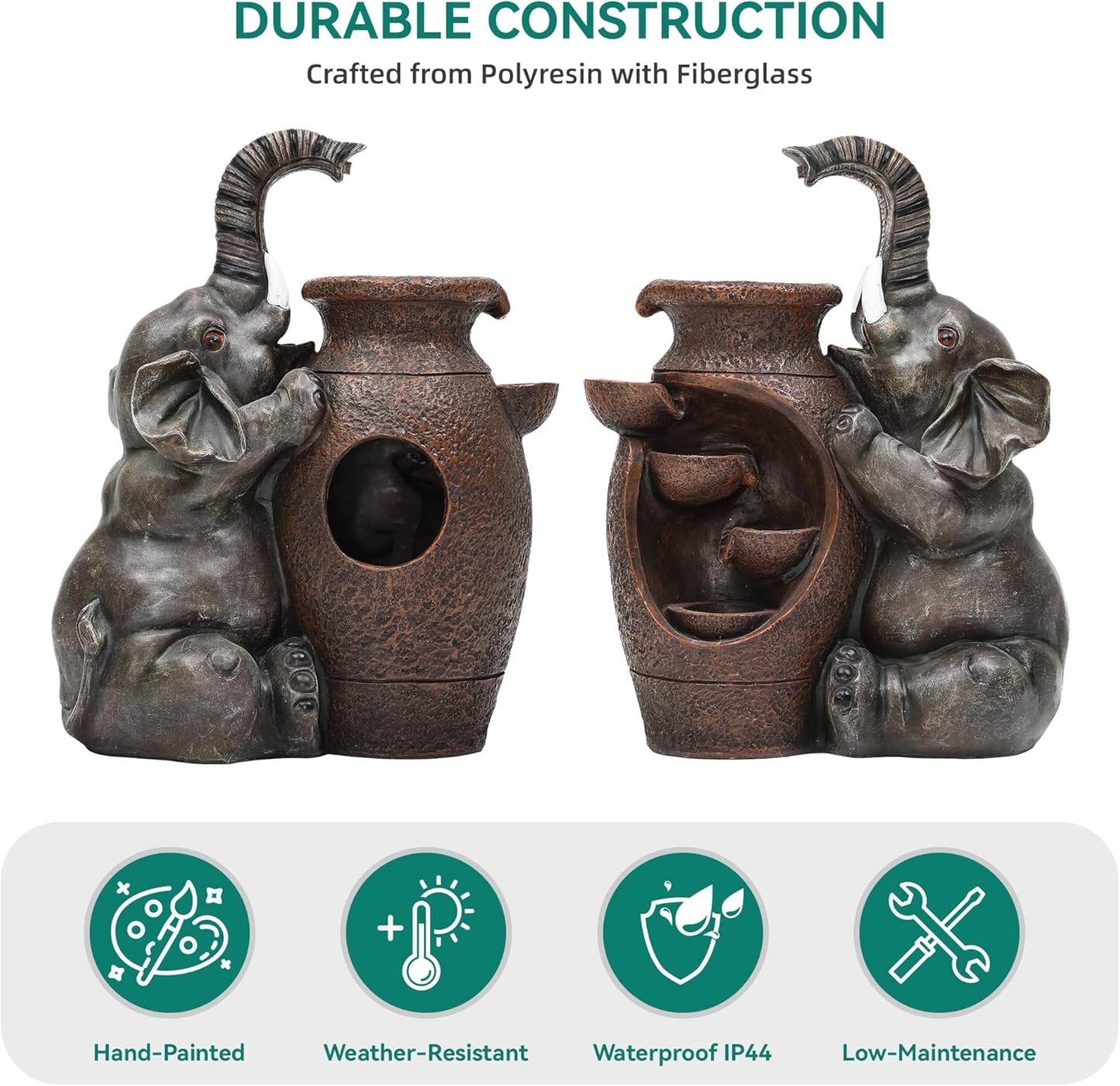 Elephant Outdoor Water Fountain with LED Lights and Pump, 18.9" Tall Resin Garden Waterfall Feature for Patio, Porch, Yard