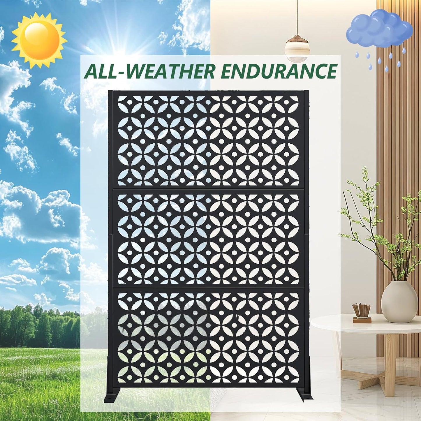 Metal Privacy Screen Outdoor 72" H×47" W,Freestanding Decorative Privacy Screen for Balcony Yard&Garden,Privacy Fence-Black&Louvered