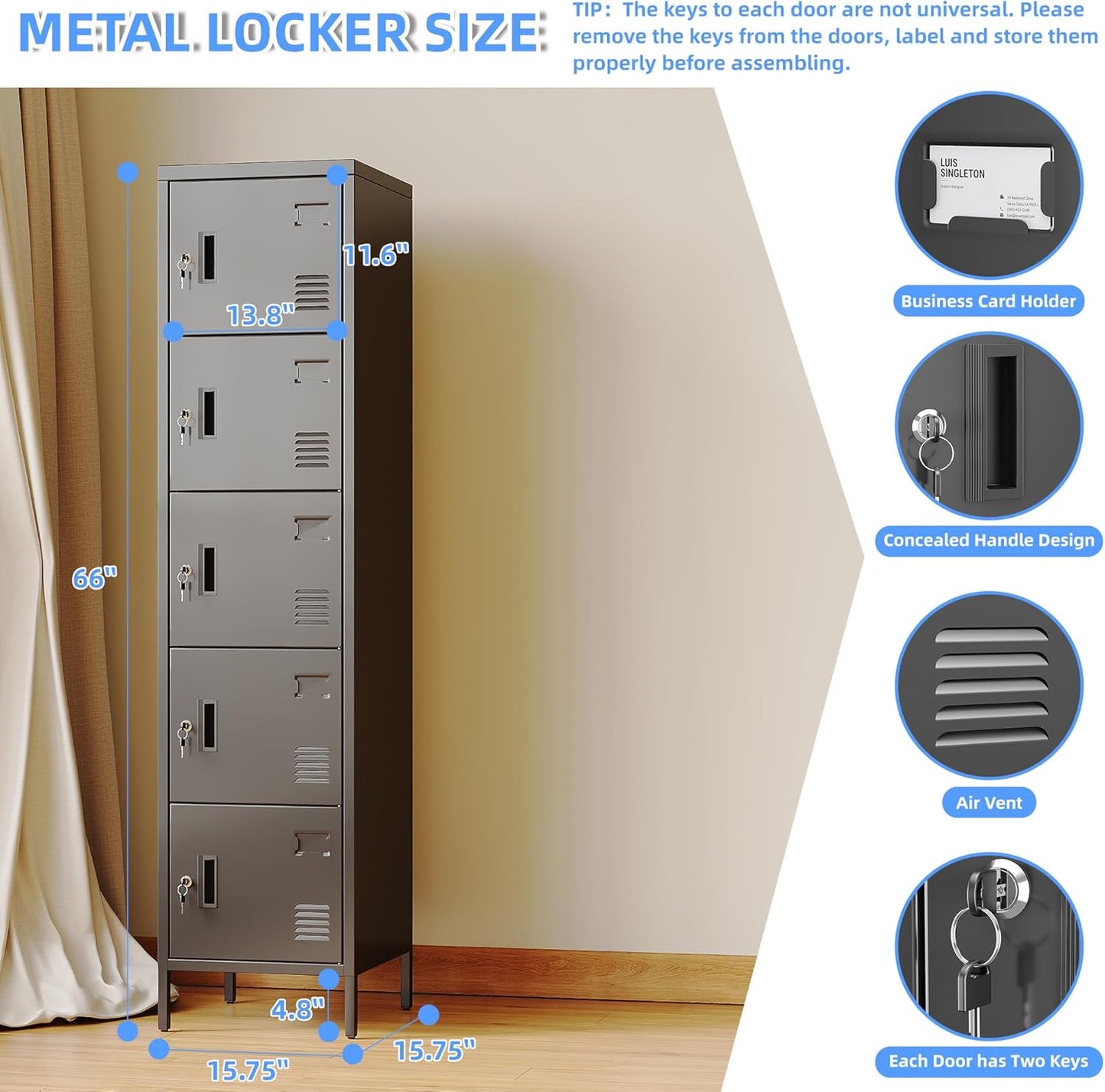 Metal Locker with Lock and Ventilation Holes,Metal Storage Locker with Business Card Slot for Home,Gym,Garage,School,Office,66" H x 15.8" W x 15.8" D Assembly Required,Black