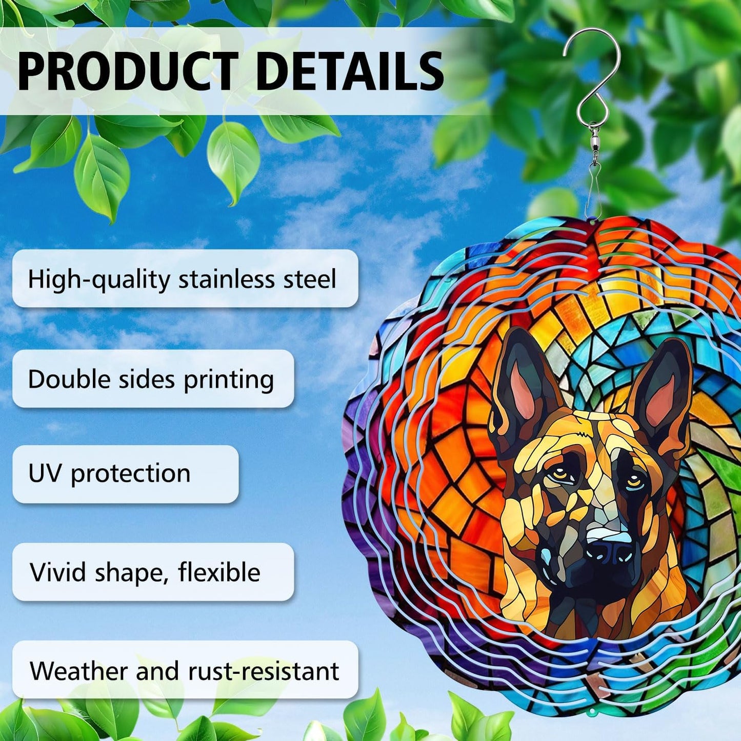 German Shepherd Yard and Garden Wind Spinner, Unique 3D Hanging German Shepherd Wind Spinner