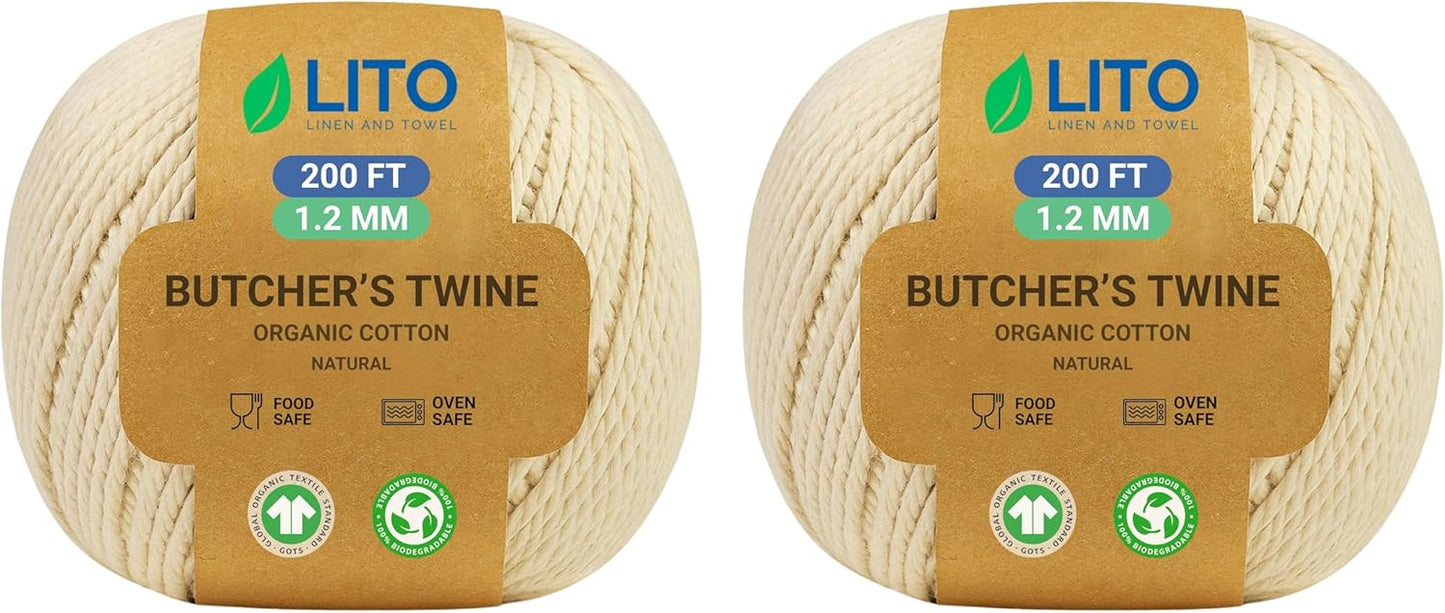 Organic Butcher’s Twine for Cooking & Trussing – 1.2mm Heavy-Duty Natural Cotton Kitchen Twine 400 Feet – Food-Safe, Oven-Safe String for Meat, Turkey, Baking, & Crafts
