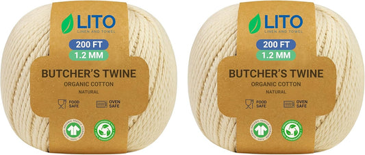 Organic Butcher’s Twine for Cooking & Trussing – 1.2mm Heavy-Duty Natural Cotton Kitchen Twine 400 Feet – Food-Safe, Oven-Safe String for Meat, Turkey, Baking, & Crafts