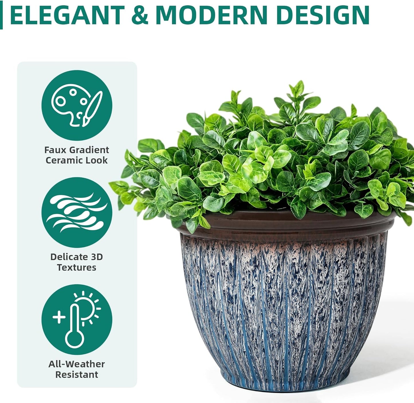 15" D Large Flower Pots, 2-Pack Big Planters for Indoor Outdoor Plants, UV-Protect PP Container for Garden Patio Yard Balcony Porch or Home Decor, Artistic Floating Blue & Brown Glaze