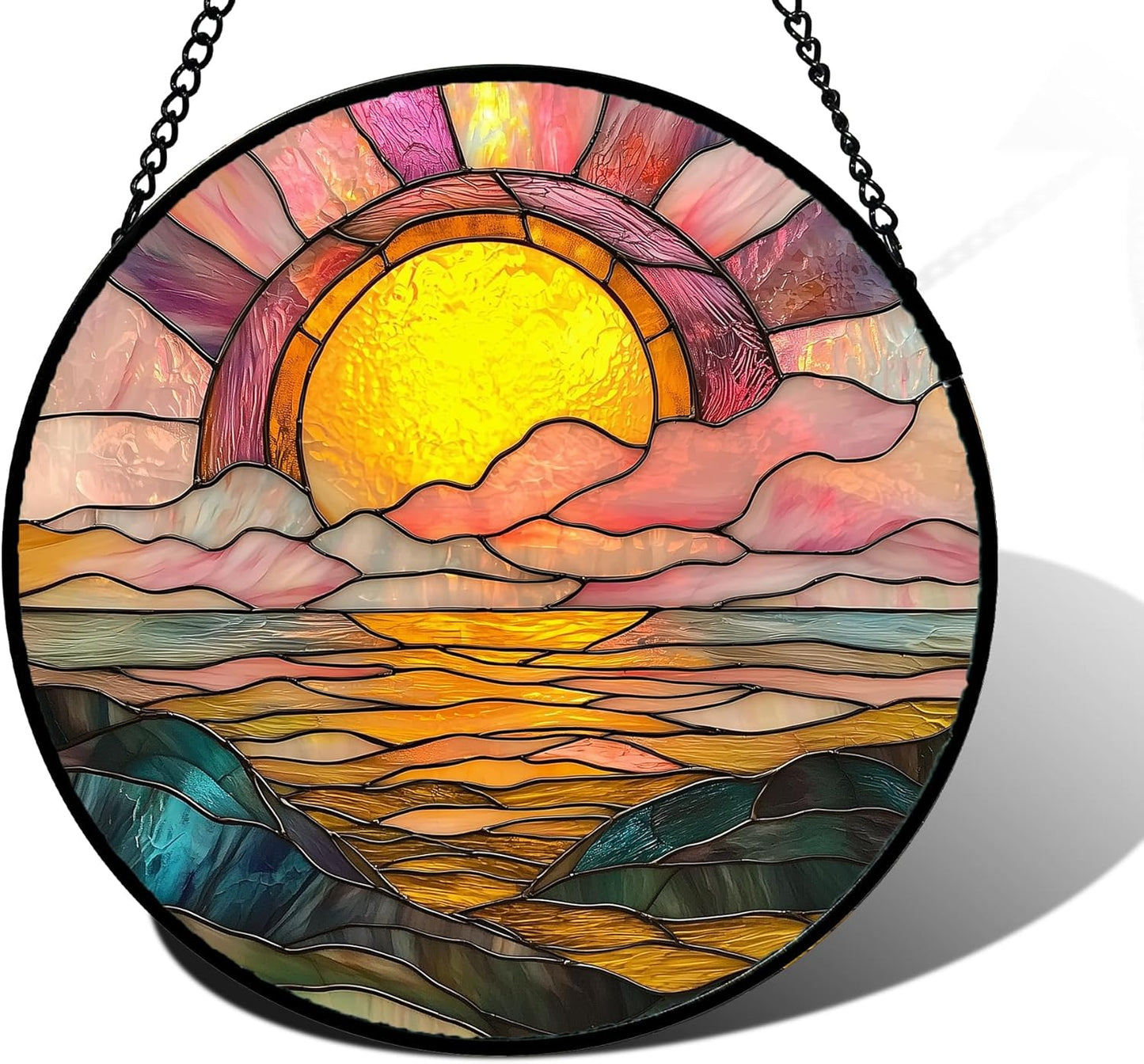 Stained Glass Window Hanging, Sunrise Over The Sea Suncatcher Diamond Glass Panel Hangings Abstract Sun Catchers Decor for Birthday for Women, Men, Wife, Aunt, and Mom 11.8 in