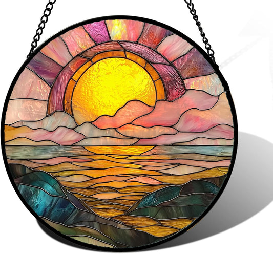 Stained Glass Window Hanging, Sunrise Over The Sea Suncatcher Diamond Glass Panel Hangings Abstract Sun Catchers Decor for Birthday for Women, Men, Wife, Aunt, and Mom 11.8 in