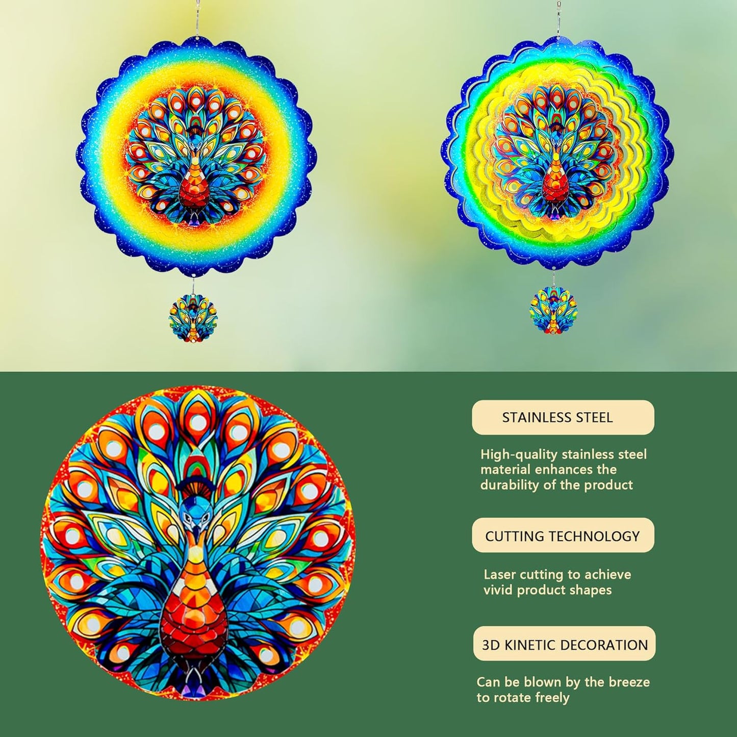 Peacock Hanging Wind Spinners,12 Inch 3D Garden Spinner Kinetic Art Garden Decorations，Stainless Steel Reflective Wind Spinners for Yard