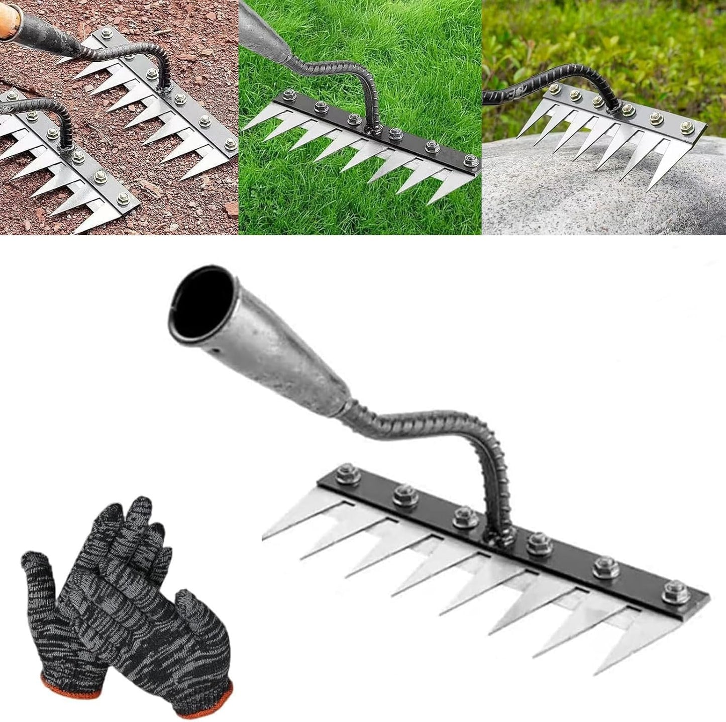 2025 Iron Weeding Rake 2.0, Iron Rake for Gardening and Weedings, Heavy Duty Gardening Hand Weed Puller Tools, 8 Teeth Carbon Steel Garden Weedings Rakes for Lawn Care – Bonus Gloves Included
