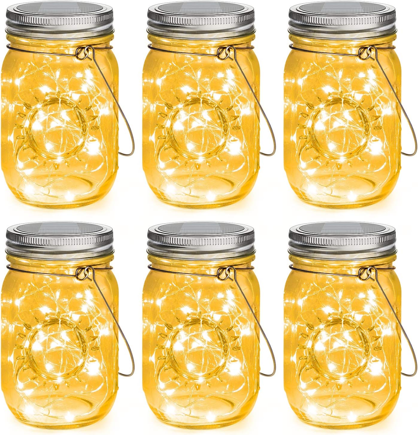 Mlambert Mason Jar Solar Lights -30 LED, 6 Pack Hanging Solar Lanterns Outdoor, Waterproof Fairy Lights for Patio Garden, Warm White