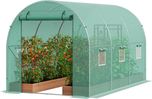 VEVOR Walk-in Tunnel Greenhouse, 9.6x6.4x6.2 ft Hoop House Greenhouse Tunnel, Plant Hot House with Galvanized Steel Frame, Green PE Cover, Roll-up Zipper Door and 6 Windows for Outdoor
