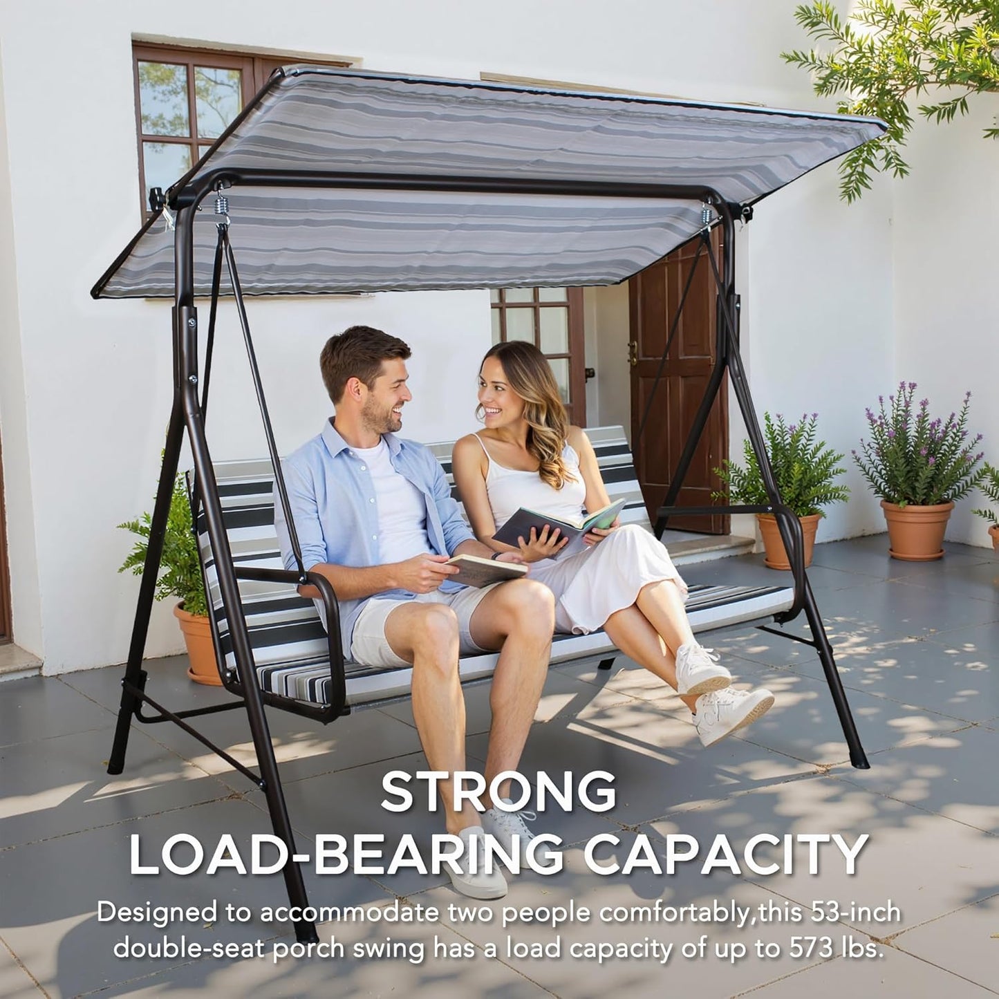 SUNJOY Outdoor Porch Swing, 2 Seat Patio Metal Porch Swing Seats with Adjustable Canopy and Removable Cushion for Garden, Poolside, Backyard, Bronze - Made in Italy