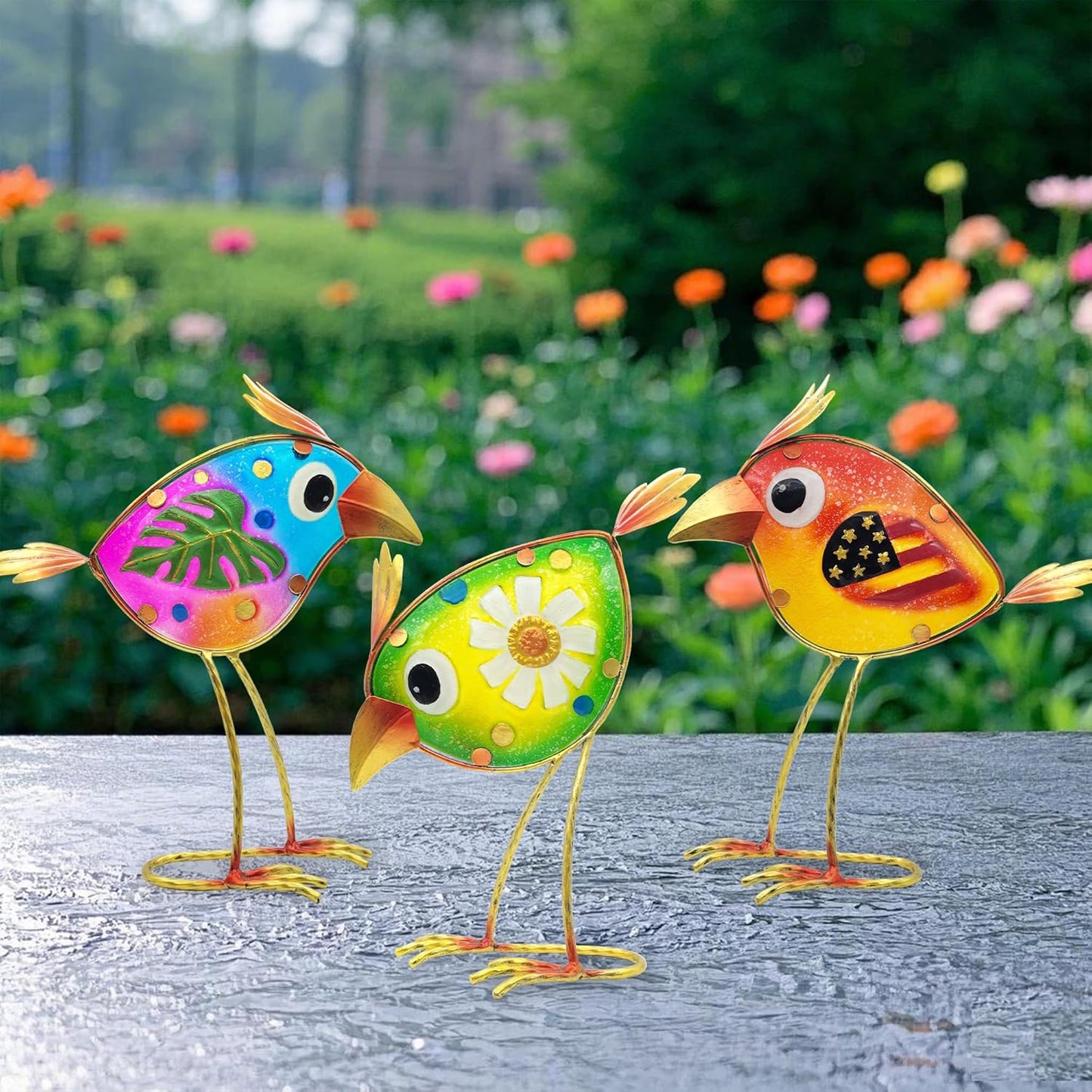 Birds Garden Decor for Outside: Metal & Glass Bird Yard Art, Craft Statue Lawn Ornaments for Outdoor, Housewarming Birthday Gifts for Women (3 PCS)