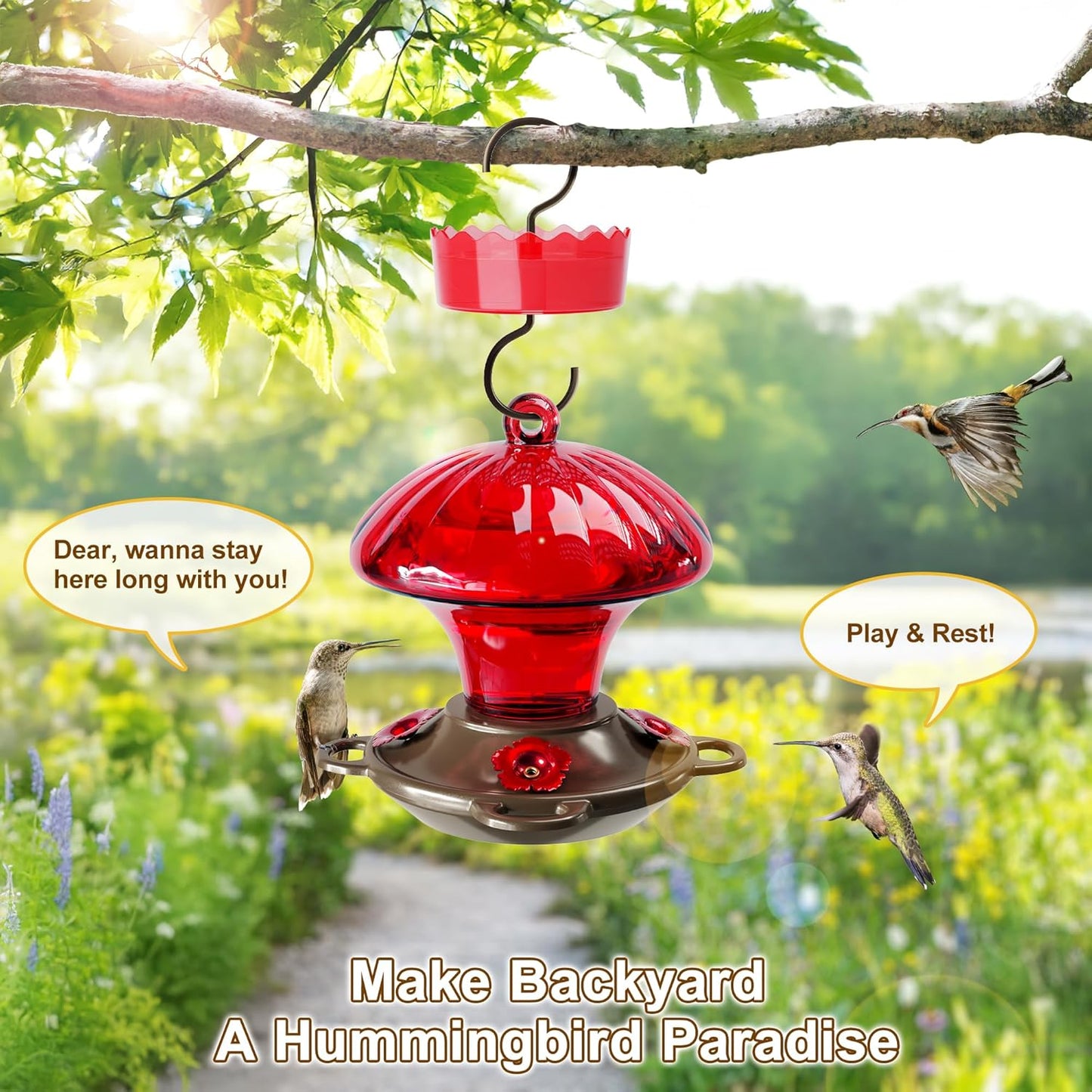 Hummingbird Feeder, Auslar 15 Ounces Glass Hummingbird Feeders for Outdoors Hanging Ant and Bee Proof, Ant Moat & 4 Flower Feeding Ports, Rustproof, Leakproof, Mushroom Shape, Red