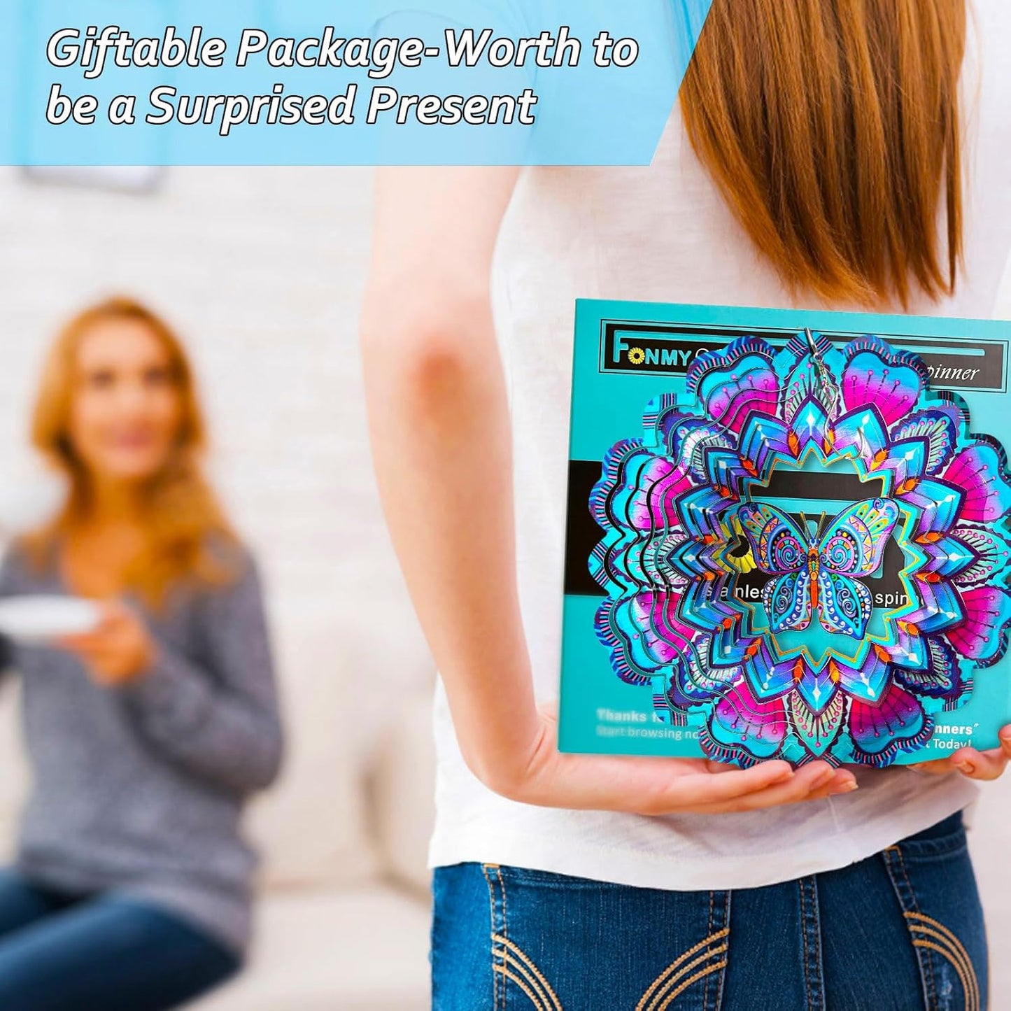 FONMY Wind Spinner Butterfly 12 inch 3D Stainless Steel Wind Sculpture Worth Gift Christmas Decor. Laser Cut Metal Art Geometric Pattern - Hanging Mandala Wind Spinners, Kinetic Yard Art Decorations