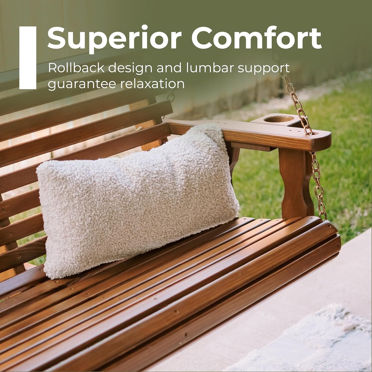 Amish Casual 6 Foot Roll Back Porch Swing with Cup Holders in Oak Stain - Amish Made in The USA from Treated Pine Heavy Duty 700 Lb. Weight Capacity