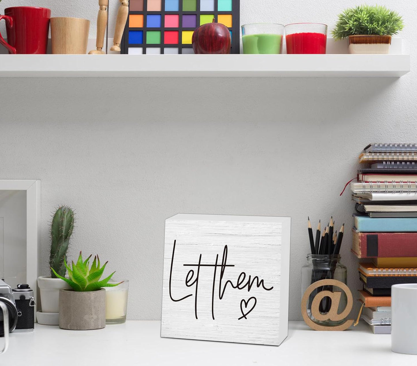 Let Them Wooden Sign, Desk Decorations For Women Office, 5x5 Inch Farmhouse Funny Office Decor Wood Box Sign, Desk Shelf Cubicle Accessories, Appreciation Gifts for Coworkers Boss, 04