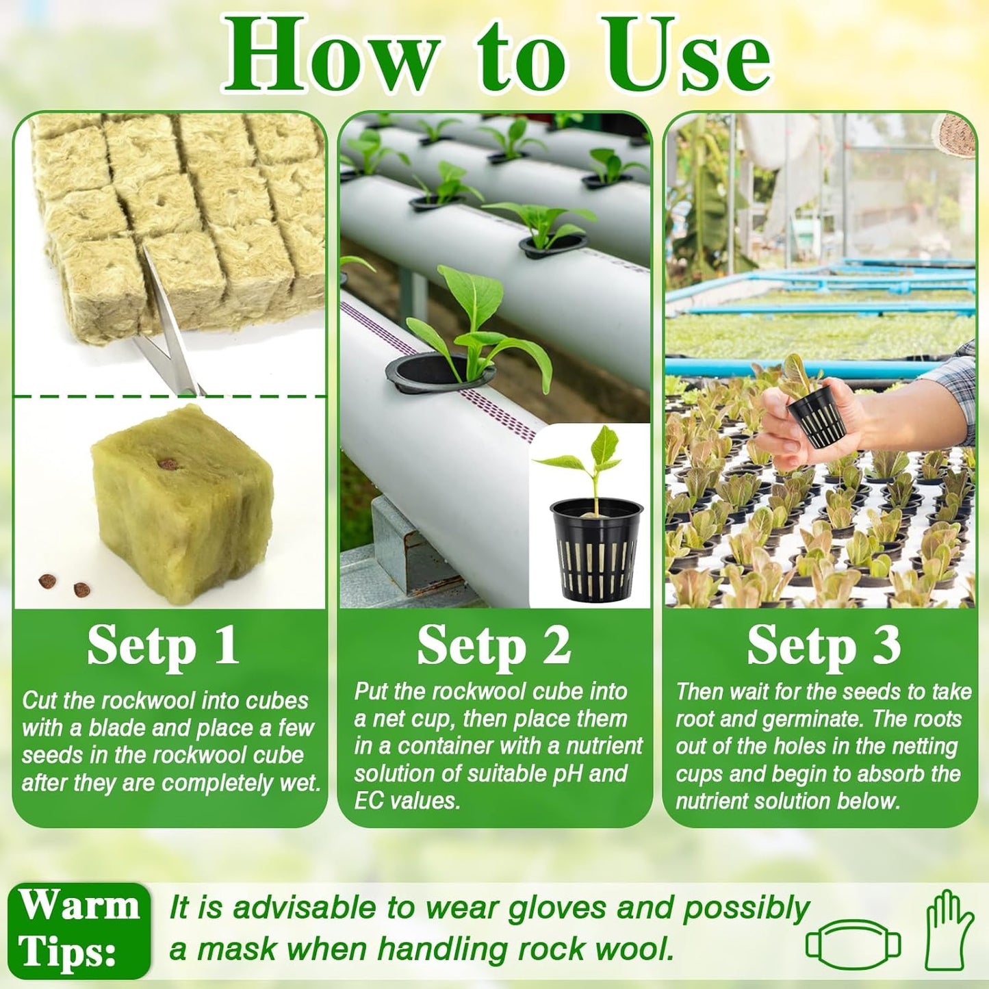 Halatool 36PCS 1.2-Inch Rockwool Cubes with 30PCS 2-Inch Net Cups for Hydroponics Great Hydroponic Kit for Cuttings Clone Plant Propagation Seed Starting & Soilless Cultivation