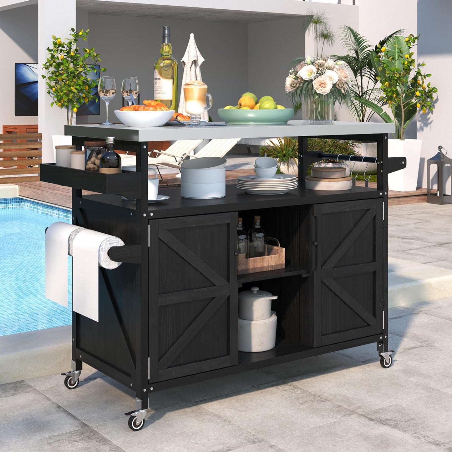 50.25" W Grill Cart with Stainless Steel Tabletop - Outdoor Storage Cabinet for BBQ, Bar Patio Kitchen Island with Ample Storage and Lockable Wheels