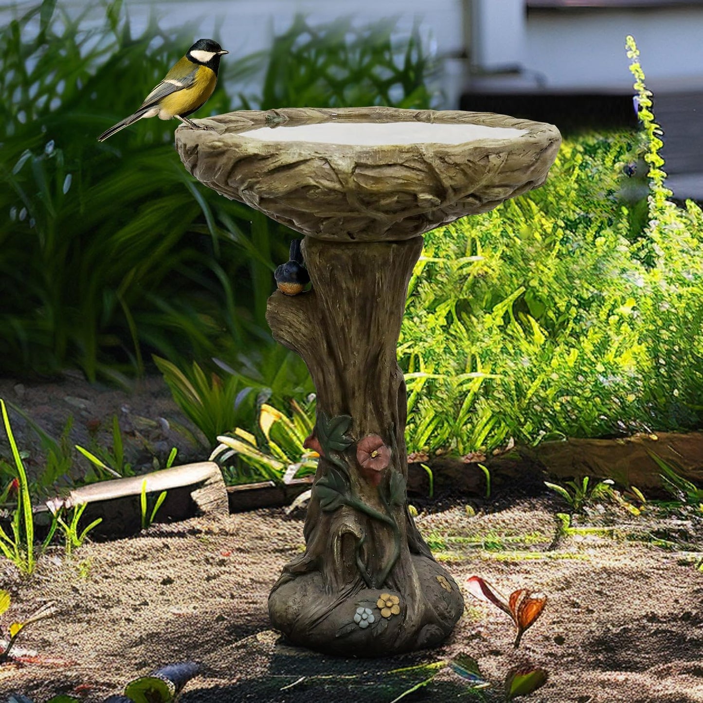 25.5" H Concrete Tree Shape Bird Bath with Decorative Faux Bird – 25.5" H * 17.7" Φ Rustic Design Birdbath, Enhances Garden, Patio, Yard, Lawn Décor