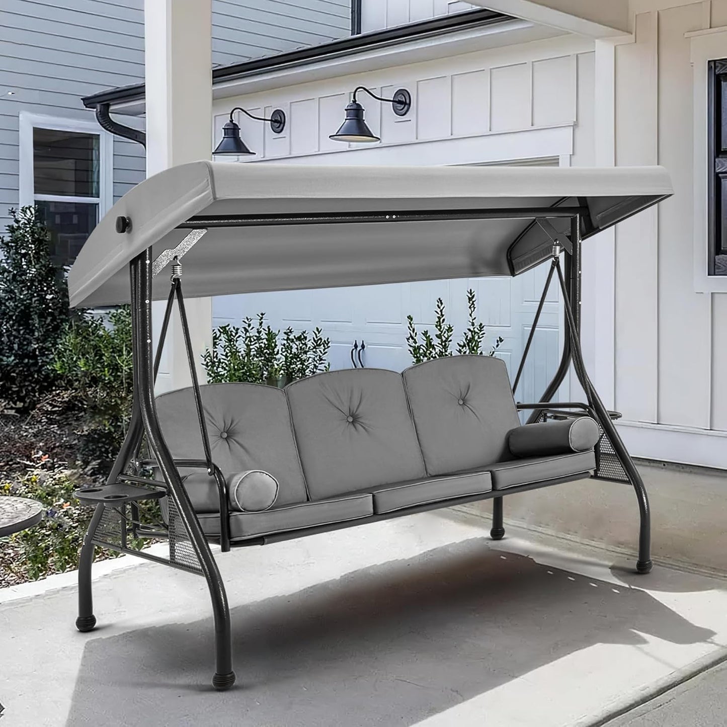 HOMREST 3 Seat Outdoor Porch Swing with 1.5" Deep Cup Holder, Adjustable Canopy,Patio Swing Bed with Stand, Patio Glider Swing with Thicken Cushions, Pillow（Grey）
