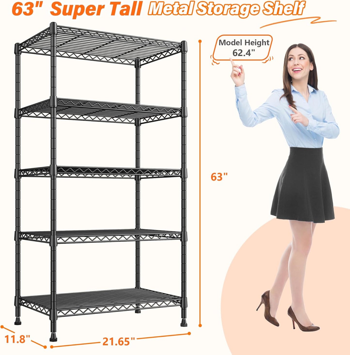 REIBII Metal Shelving 5 Tier Wire Sturdy Storage Shelves Adjustable Steel Organizer Wire Rack for Kitchen Laundry Room Commercial School Storage Room Black 63“Hx 21.65“L x 11.8”D