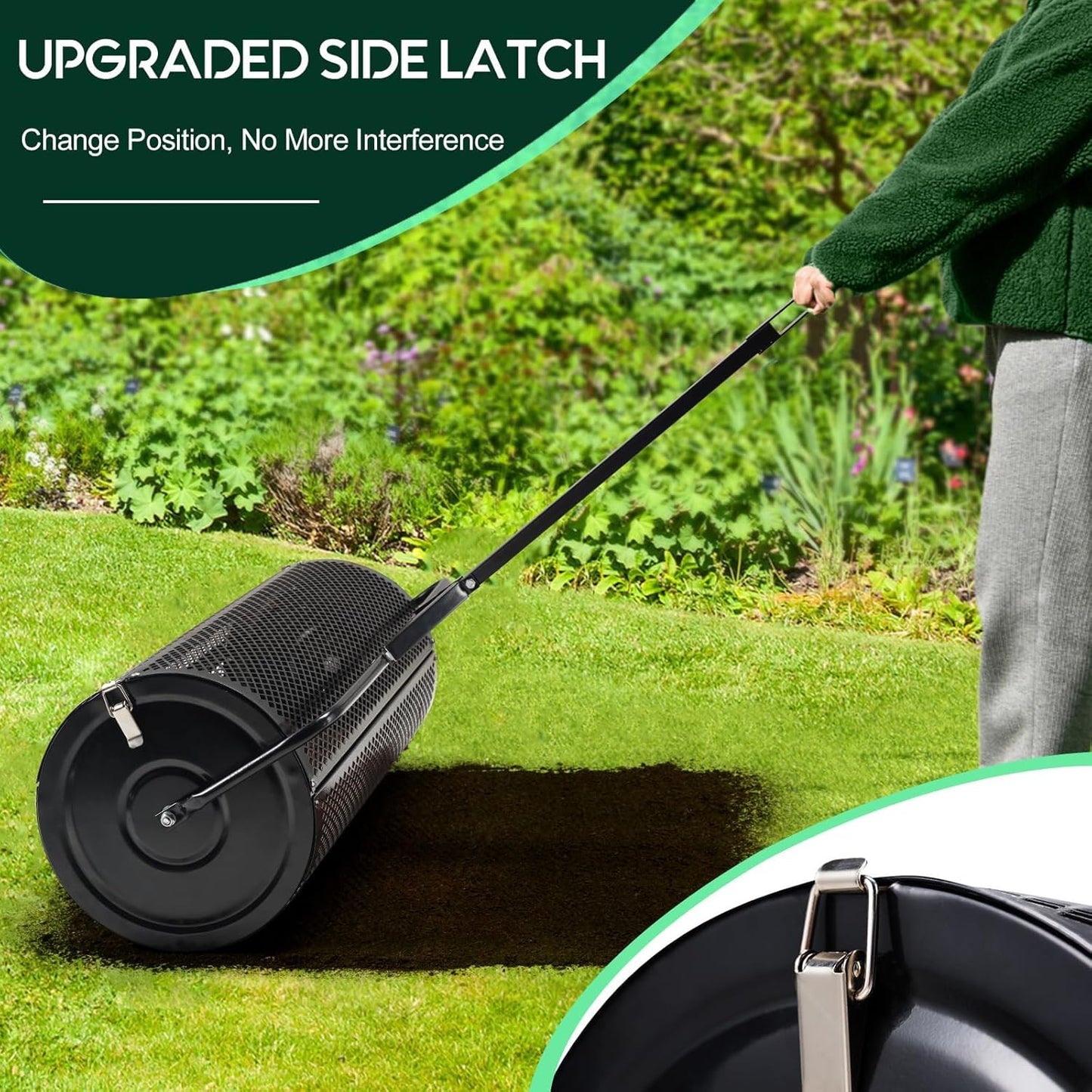 Compost and Peat Moss Spreader with Updated 2 in 1 ATV & T Shaped Handle, 16”WX48”L, Lawn and Garden Peat Moss Roller w/Laser Cutting Wire Mesh Baskets for Spreading Manure, Topsoil