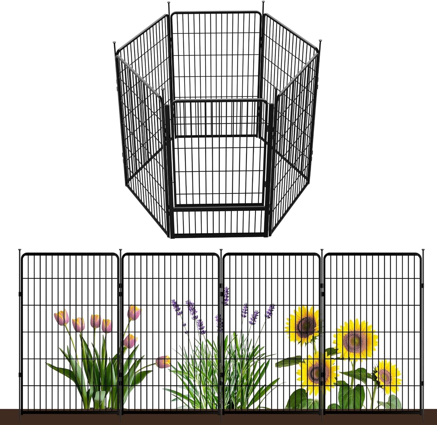 Decorative Garden Fence with Gate 45 in(H) x 26.8 ft(L) 12 Panels, Heavy Duty Metal Animal Barrier Fence for Yard, Flower Bed Fencing, Garden Border Fence, Easy Set Up, Black