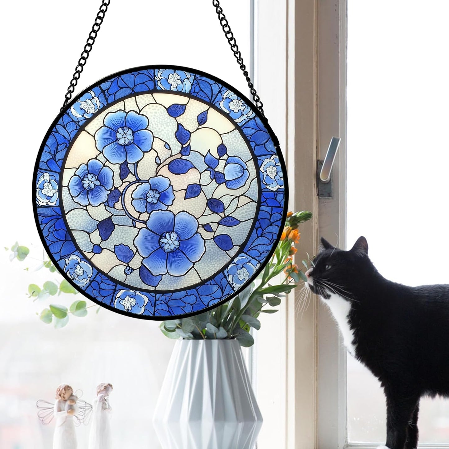 Stained Glass Window Hanging, Blue and White Plum Blossom Sun Catcher for Door Home Decor Flowers Suncatcher Christmas Mother's Day Birthday Gifts for Women Men Mom and Nana 11.8 in