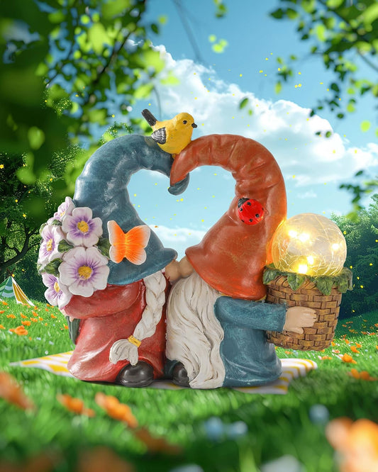 iStatue Solar-Powered 8.3'' Spring Summer Kissing Gnomes Decorations for Home & Garden - Decorative Outdoor Lawn Ornaments and Statues Clearance (Loved Gnomes)