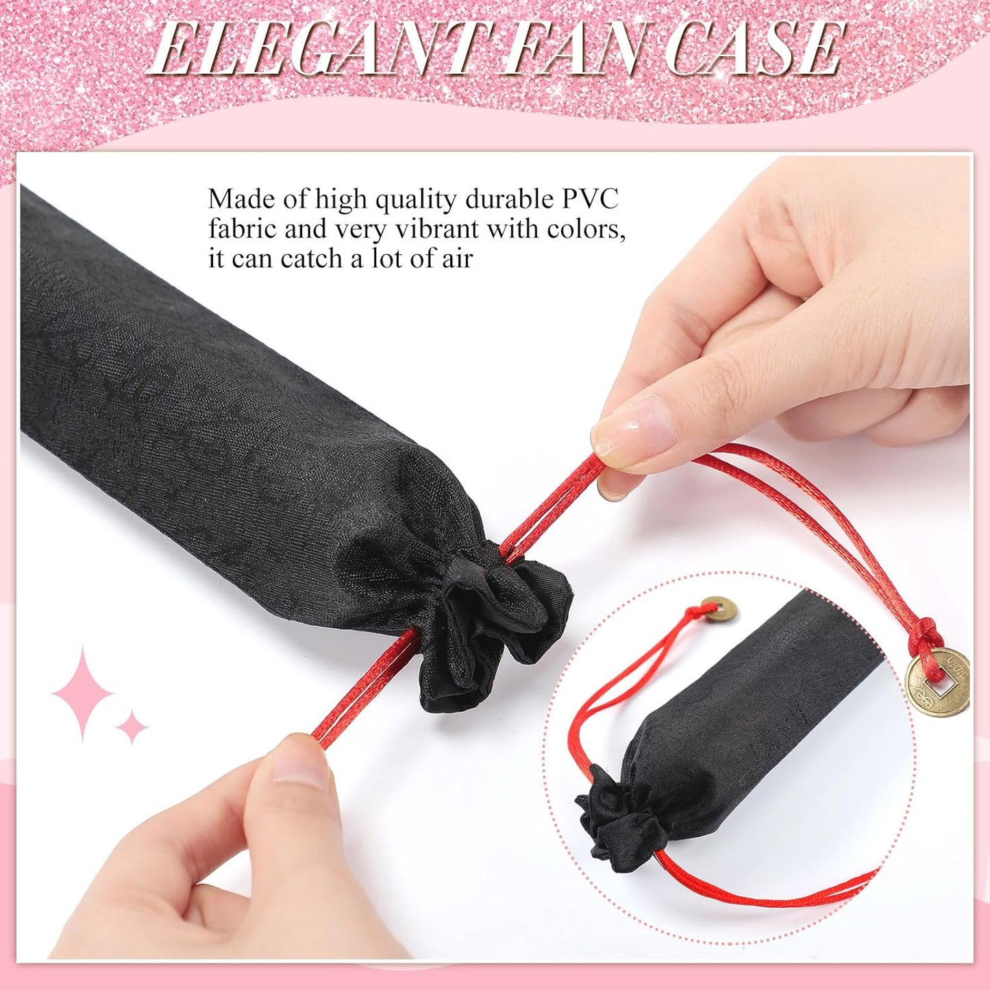 Maitys 2 Packs Large Clap Fans for Line Dancing Large Chinese Folding Hand Fans for Men and Women, Festival, Tai Ji, Kungfu, Martial Art, Gifts (Glitter Black and Pink)