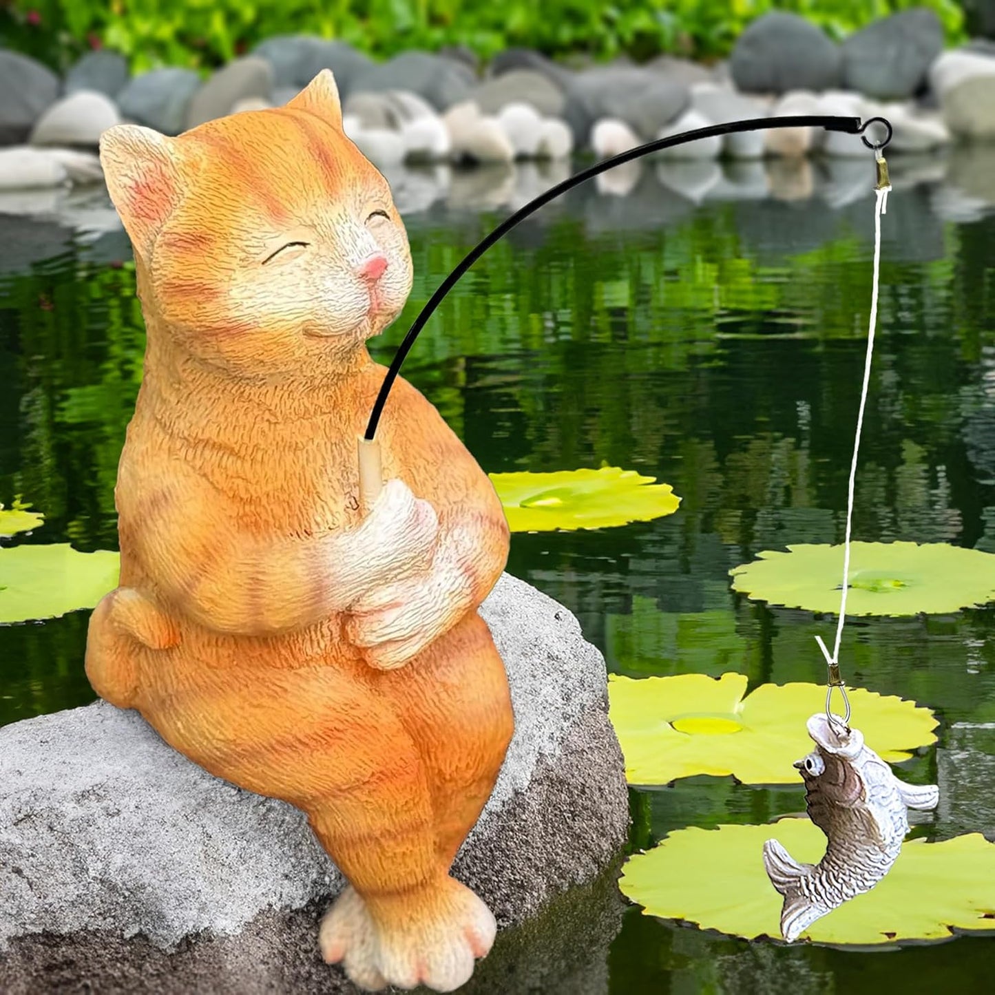Garden Funny Orange Cat Pond Statue - 11" Cat Fishing Poolside Decor, Animals Outdoor Statue