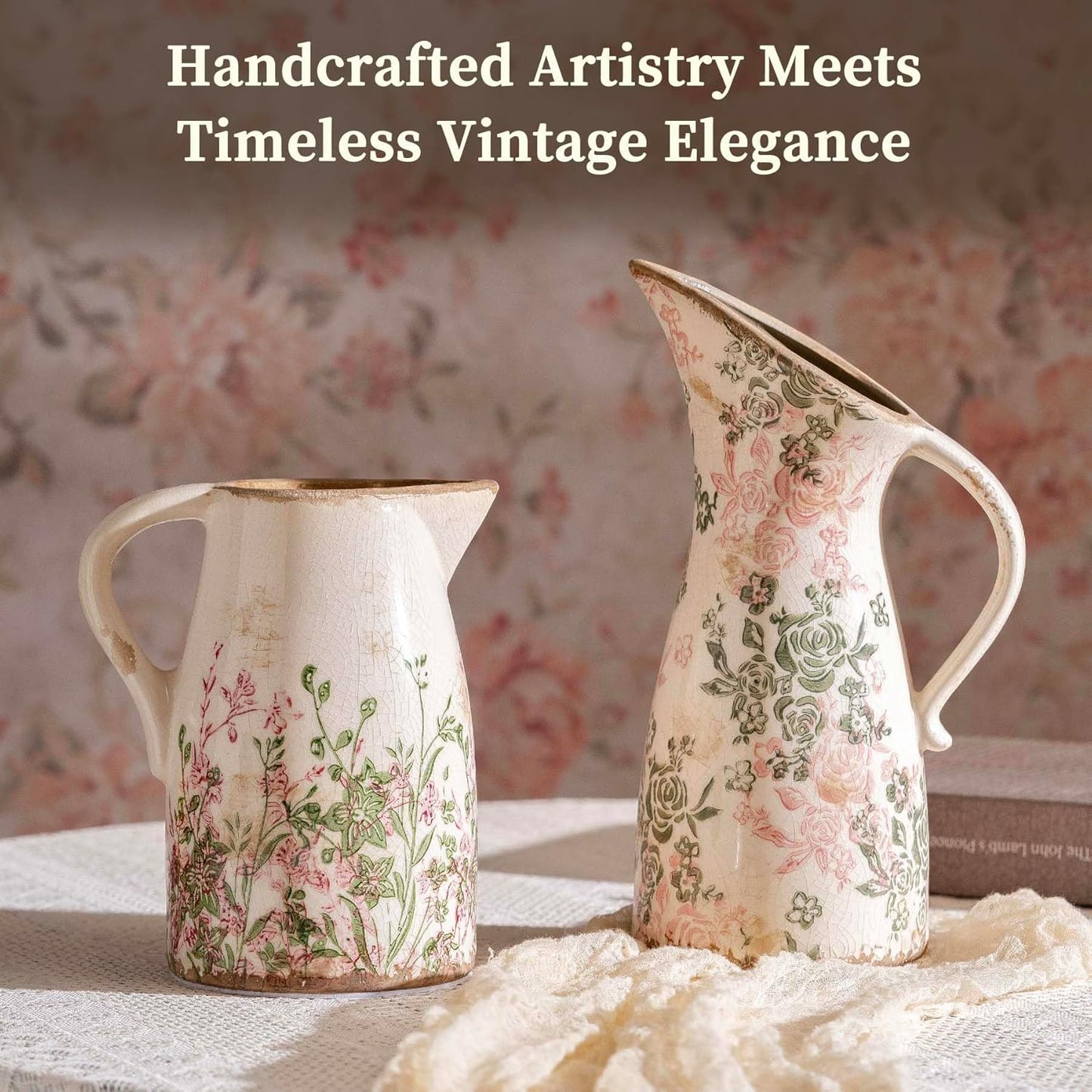 Vintage Pink and Green Floral Pitcher Vase with Handle, Ceramic Farmhouse Flower Vase French Country Decor, Rustic Table Centerpiece, Grand Millennial Tuscan Home Decor for Living Room, Bookshelf
