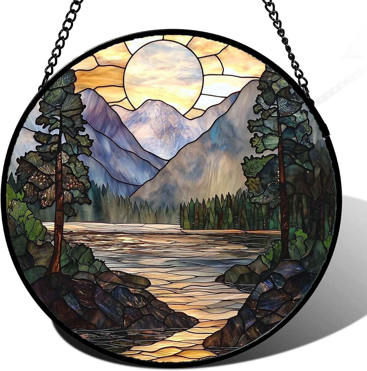 Stained Glass Window Hanging, Sunset Mountains Lake Tree Sun Catcher for Window Home Decor Landscape Suncatcher Mother's Day Birthday Gifts for Women Men Mom and Nana 15 in