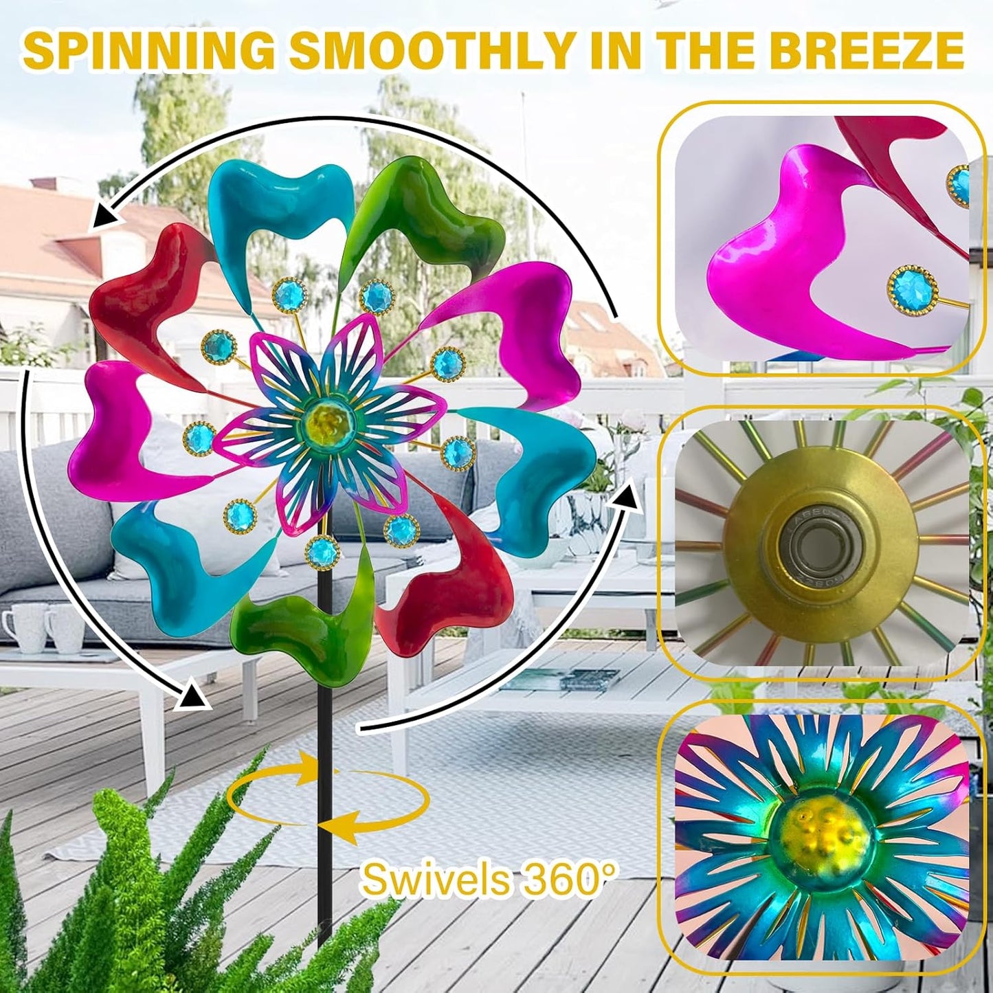 45" Flowers Wind Spinners for Yard and Garden, Sapphire Colored Leaves Kinetic Wind Spinner Outdoor Decor, Wind Sculpture Yard Art Decorations for Patio, Lawn & Garden