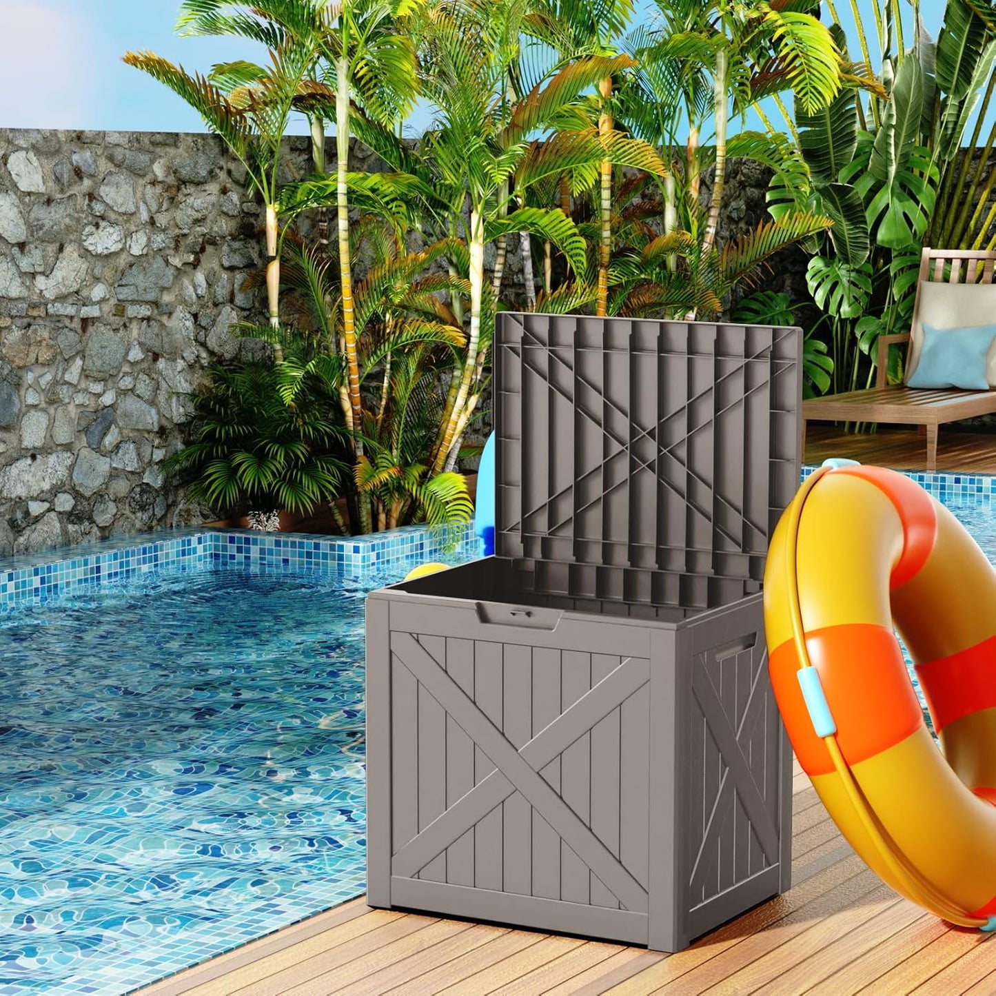 38 Gallon Outdoor Deck Box,Storage Lockable Waterproof Patio Furniture,Garden Tools,Cushions,Pool Accessories Outside Storage Resin Box(Grey)