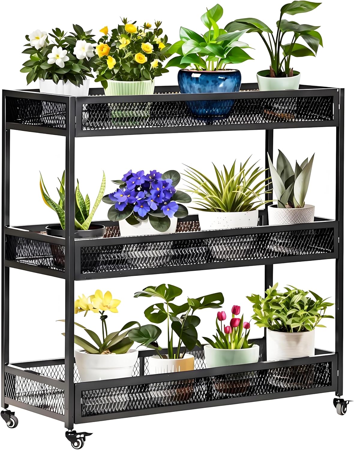 Outdoor Heavy-Duty 3-Tier Moving Garden Cart Sturdy Metal Plant Stand with High-Capacity Load & Rotating Wheels