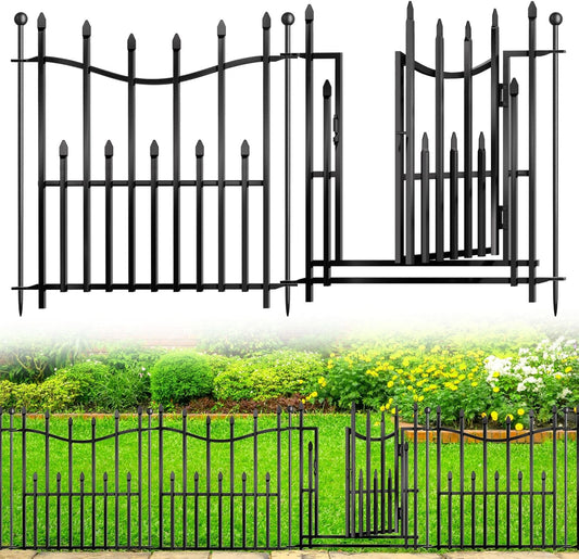 10 Panels No Dig Decorative Garden Fence with Gate, 24in(H) × 22ft(L) Heavy-Duty Rustproof Metal Panels, Outdoor Dog Barrier for Yard & Patio, Landscape, Border| Portable Temporary Fencing