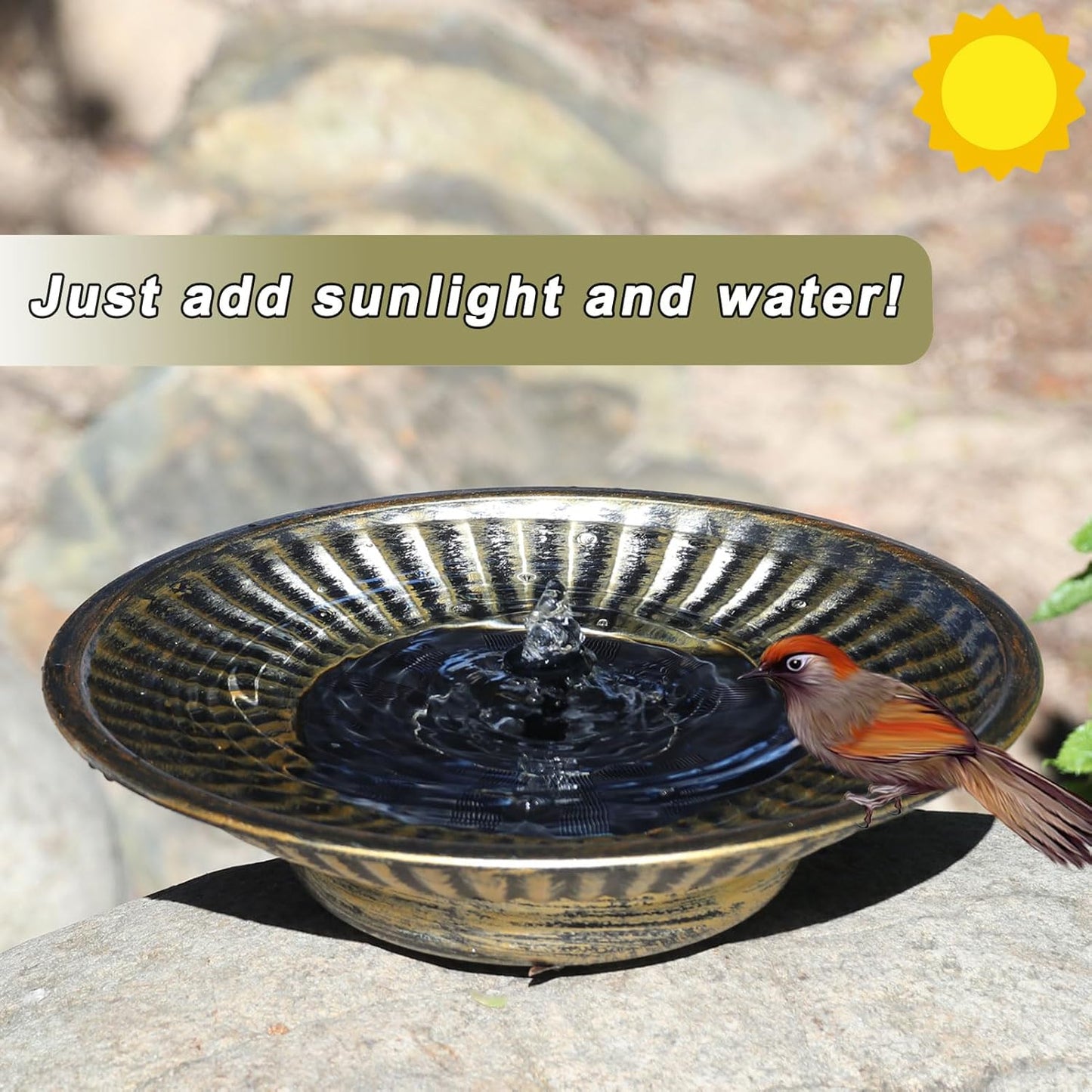 12.3" Solar Fountain Bird Bath for Outside, Metal Solar Bird Bath Fountains, Bird Bath Bubbler for Garden Patio Decor (Gold)