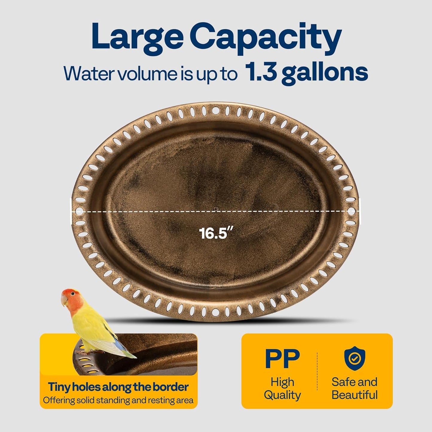 VIVOHOME Oval Polyresin Bird Bath Bowl with Metal Stake, 29 Inch Height Outdoor Freestanding Birdfeeder, Capacity 1.3 Gallons, 5-Pronged Base, Copper