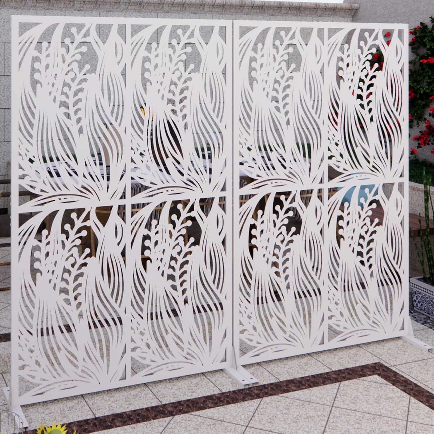 2 Pack Metal Privacy Screens 72" H Outdoor Privacy Screens Panels Outdoor and Indoor Leaf Pattern Divider for Balcony Patio Garden Room Divider(White,2 Pack