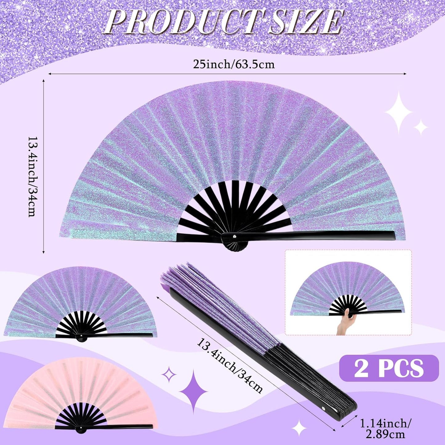 Maitys 2 Packs Large Clap Fans for Line Dancing Large Chinese Folding Hand Fans for Men and Women, Festival, Tai Ji, Kungfu, Martial Art, Gifts (Glitter Pink Purple)
