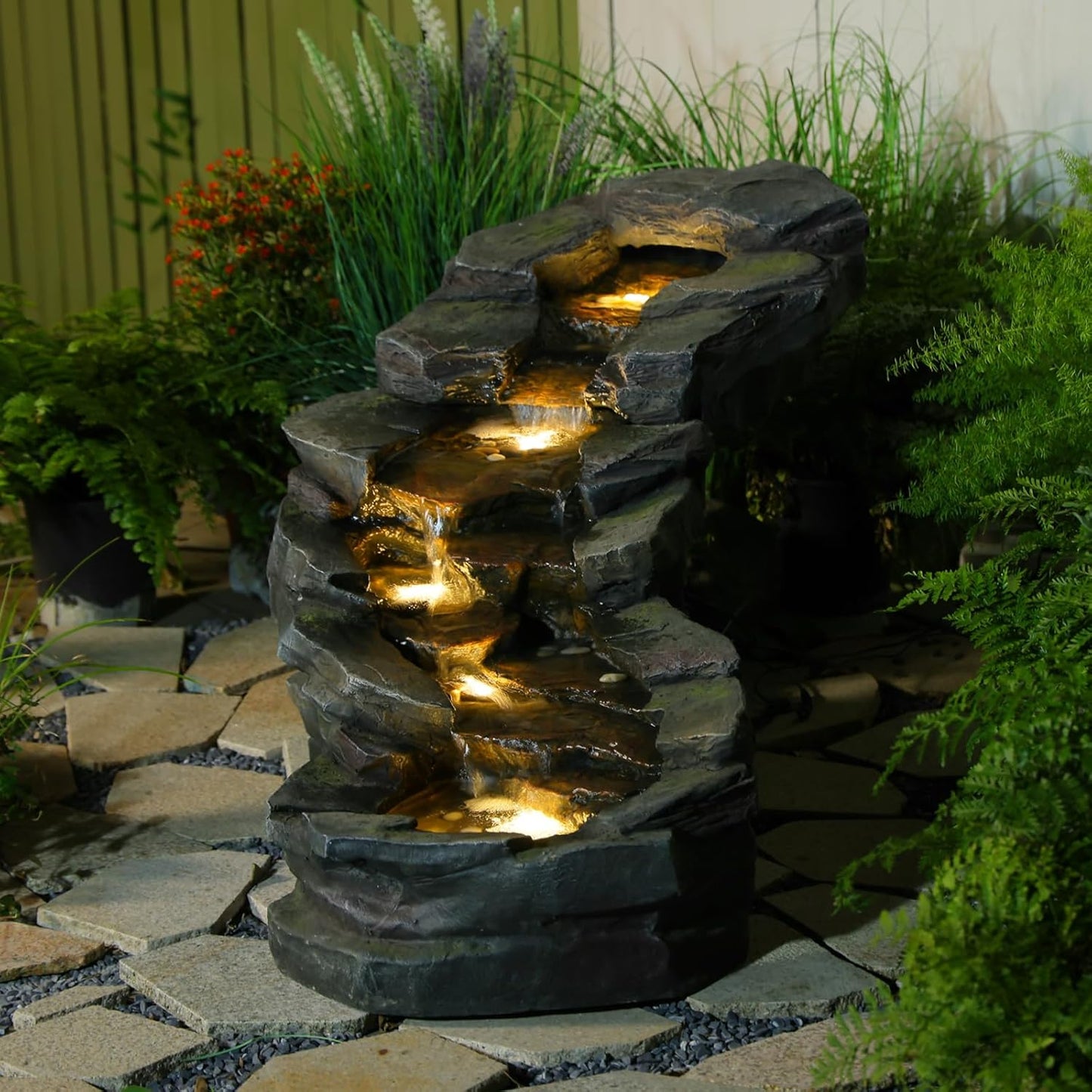 49" L Garden Outdoor Water Fountain 5-Tiers Rock Natural Waterfall Fountains Floor Standing Water Features with LED Lights for Patio, Porch, Home Art Decor