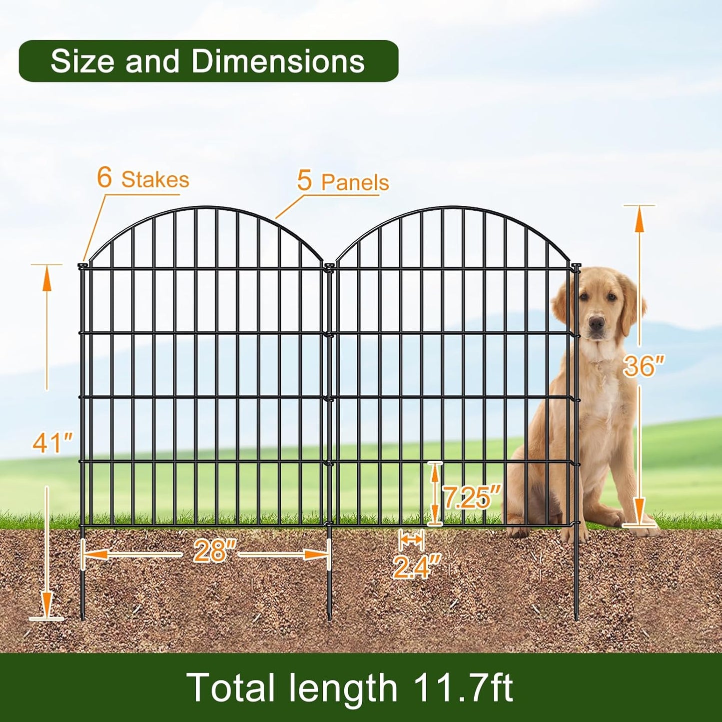Metal Garden Fence 36in (H) x 11.7ft (L), 5 Panels +6 Stakes Dog Fence Border Fence Animal Barrier, No Dig Garden Fencing for Yard Flower Bed Lawn Patio Outdoor,CTW3605 Black