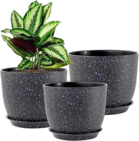 Modern Plant Pots Set, 9/8/7.5 inch Plastic Planters for Indoor Plants, Stylish Flower Pots with Drainage Holes and Saucers for House Plants and Flowers, Black Speckles