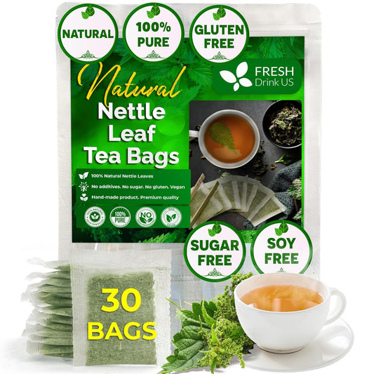 FreshDrinkUS, 30 Nettle Leaf Tea Bags, 100% Natural & Pure from Nettle Leaves. Loose Leaf Nettle Herbal Tea. Nettle Leaf Tea. No Sugar, No Caffeine, No Gluten, Vegan.